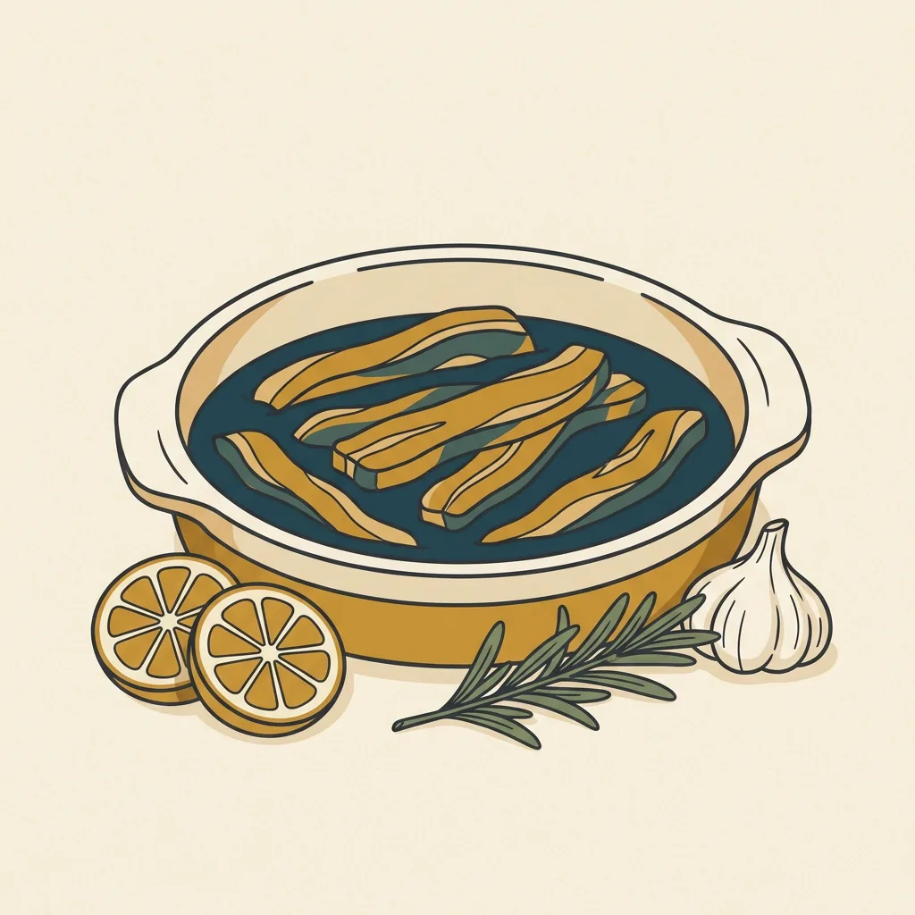 Beef strips in a marinade with lemon slices, rosemary, and garlic