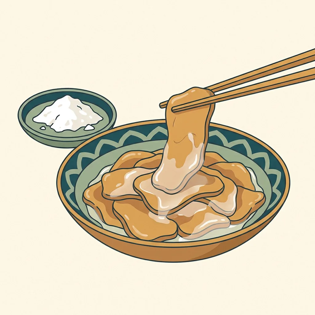 Thin beef slices being tossed in a glossy cornstarch slurry with chopsticks