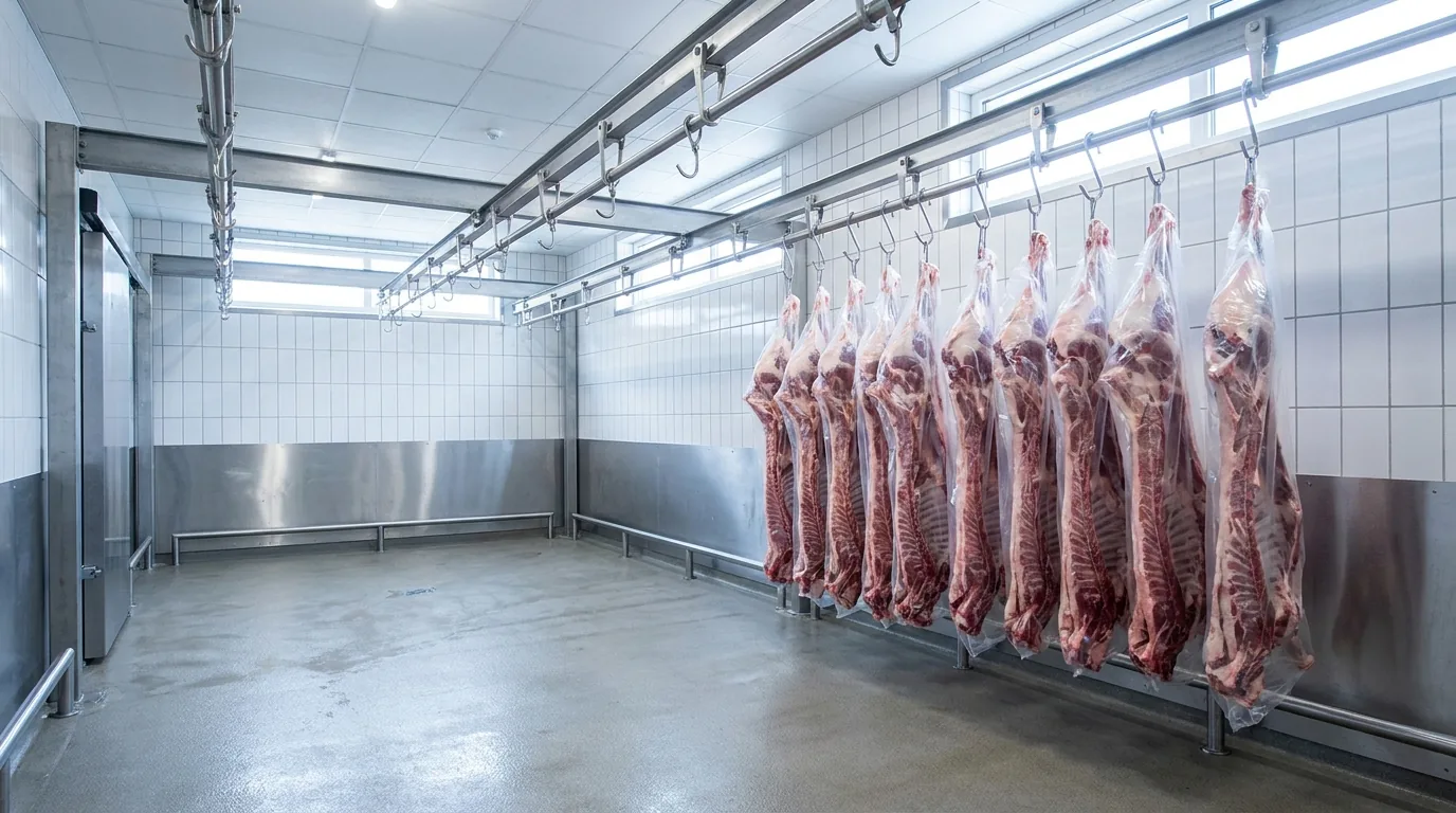 Dressed beef carcasses hanging from stainless steel rails in a clean, cold processing cooler