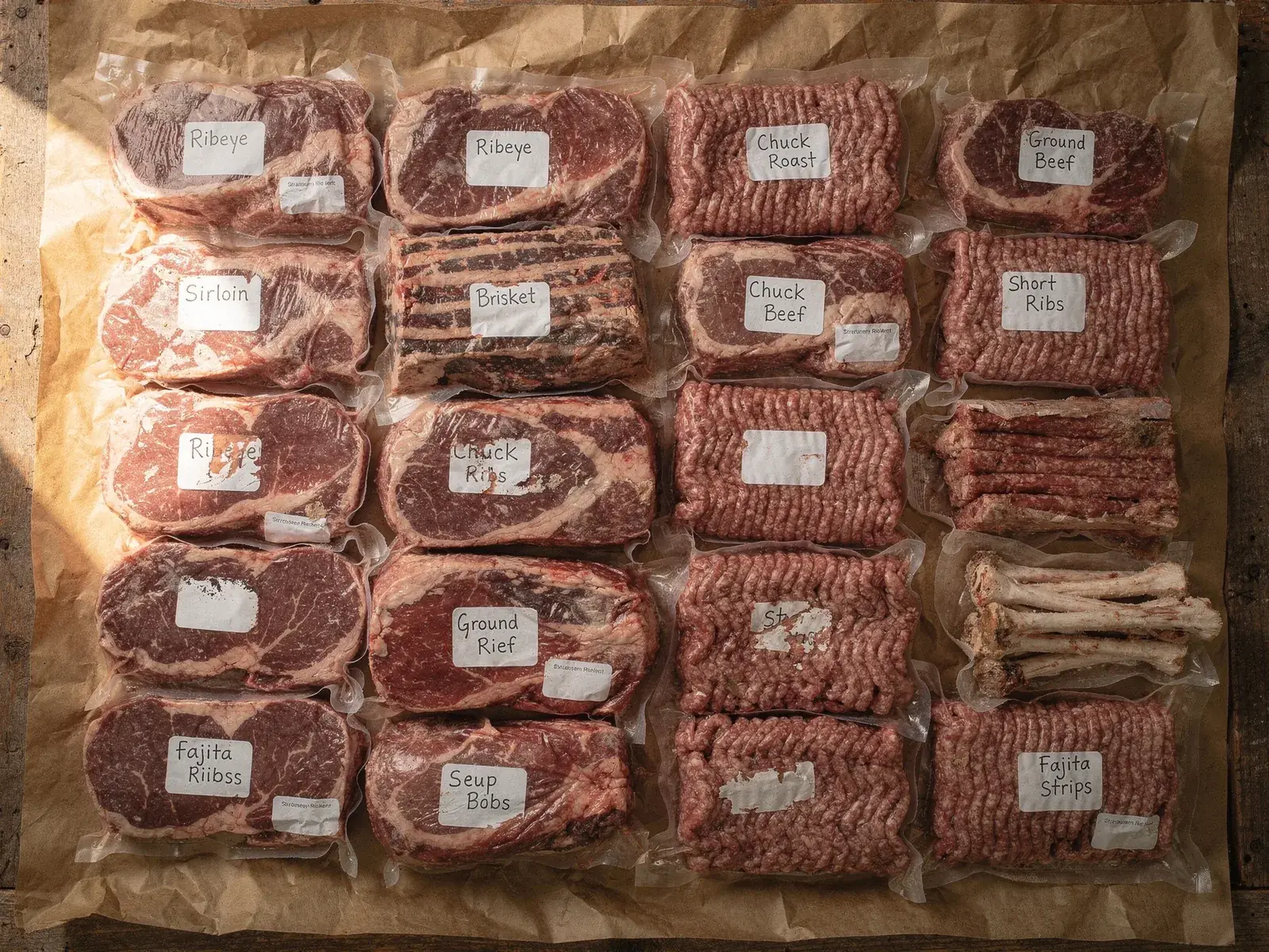 A quarter beef share laid out on butcher paper: vacuum-sealed steaks, ground beef, and roasts