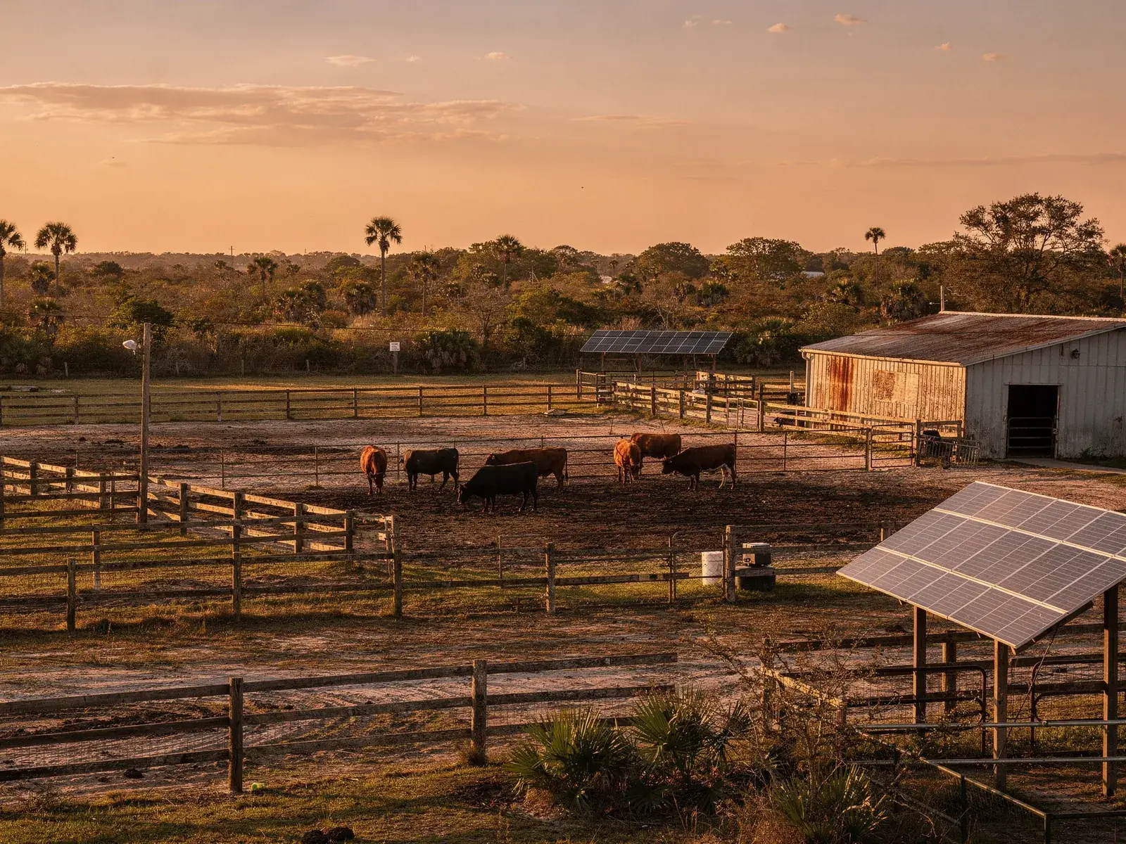 Blue Grotto Ranch paddocks and cattle at golden hour in Williston, Florida