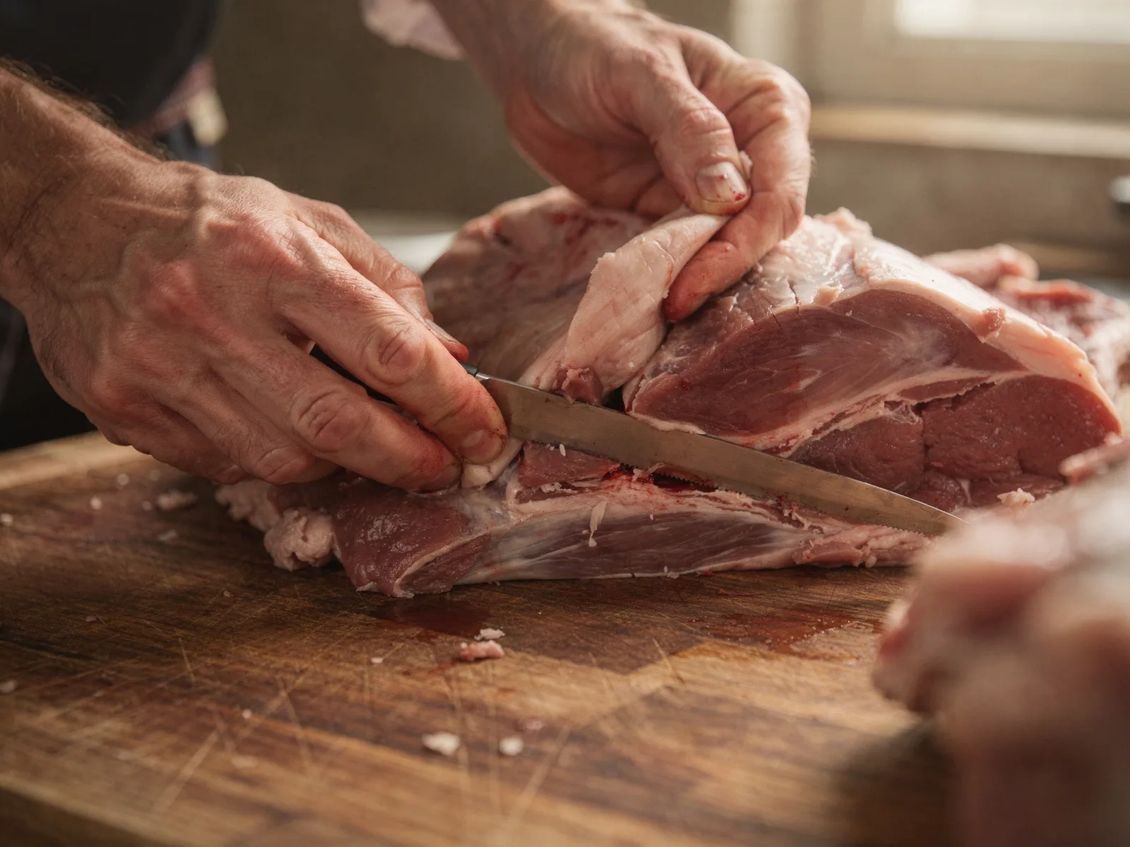 A butcher's hands separating a primal along its natural muscle seams