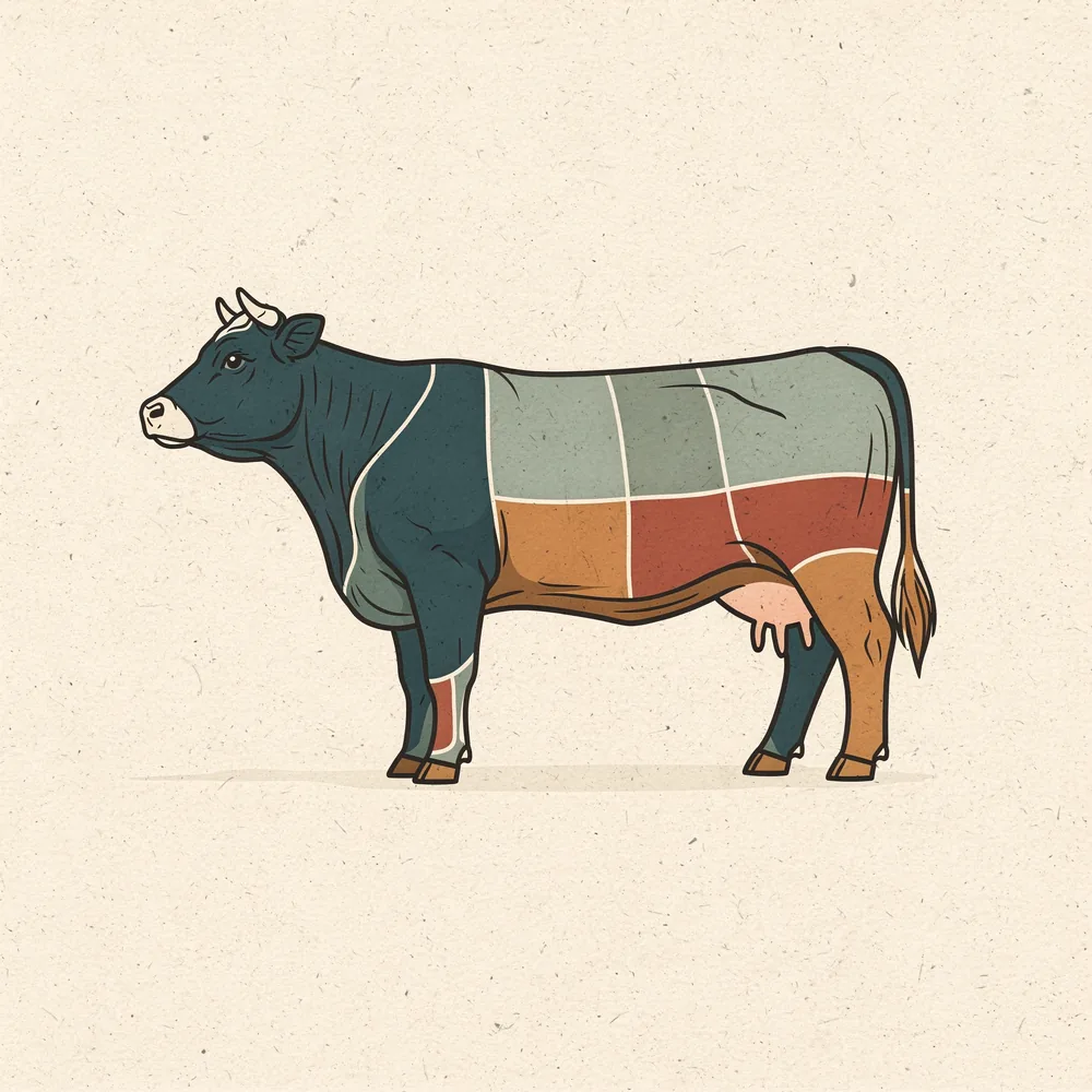 A beef cow in profile, its body divided into four share portions