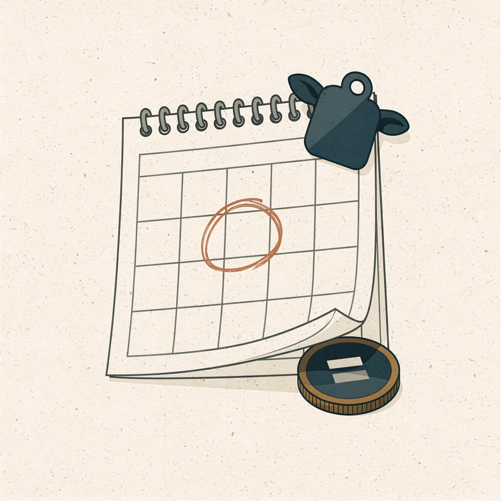 A calendar with one date circled and a deposit coin, beside a cattle ear-tag
