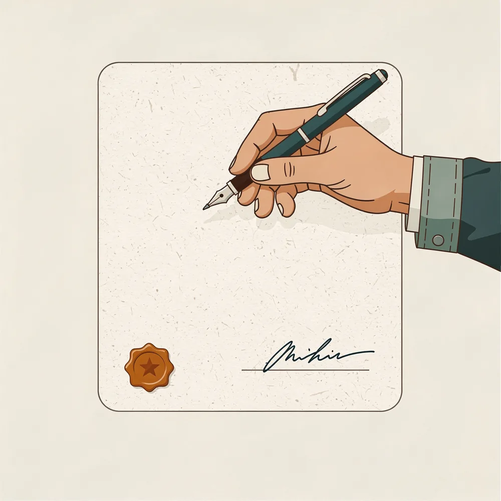 A hand signing the bill of sale with a fountain pen, with a wax seal