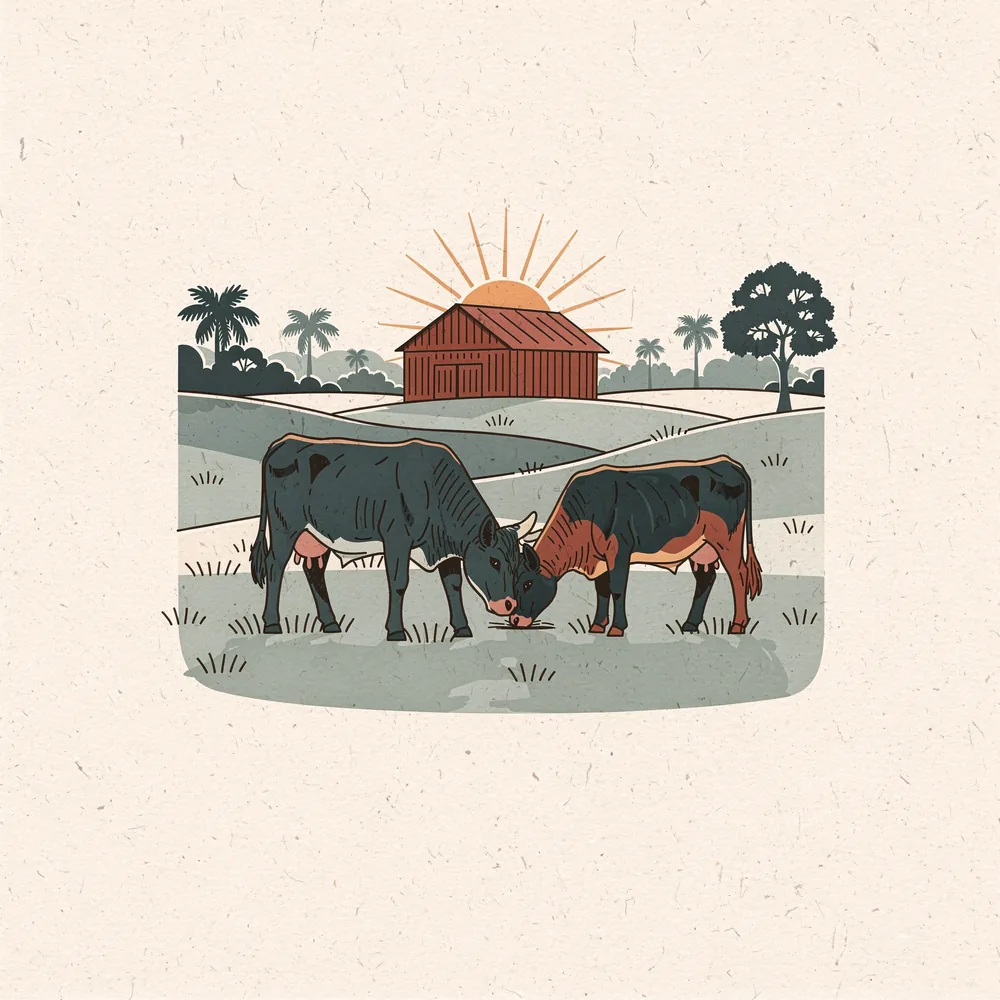 Cattle grazing on an open Florida pasture with a barn at sunrise