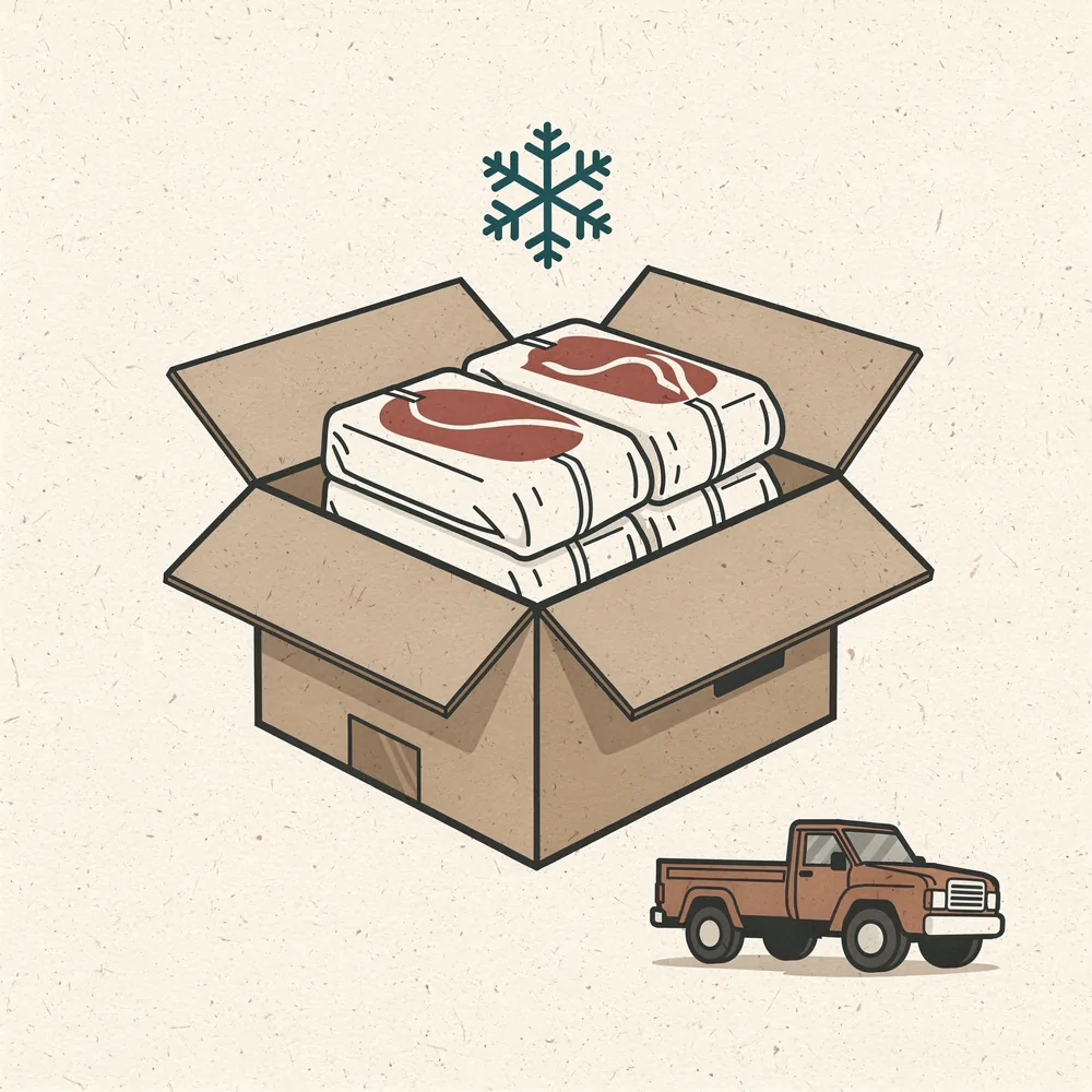 An open box of butcher-paper wrapped beef with a snowflake and a pickup truck